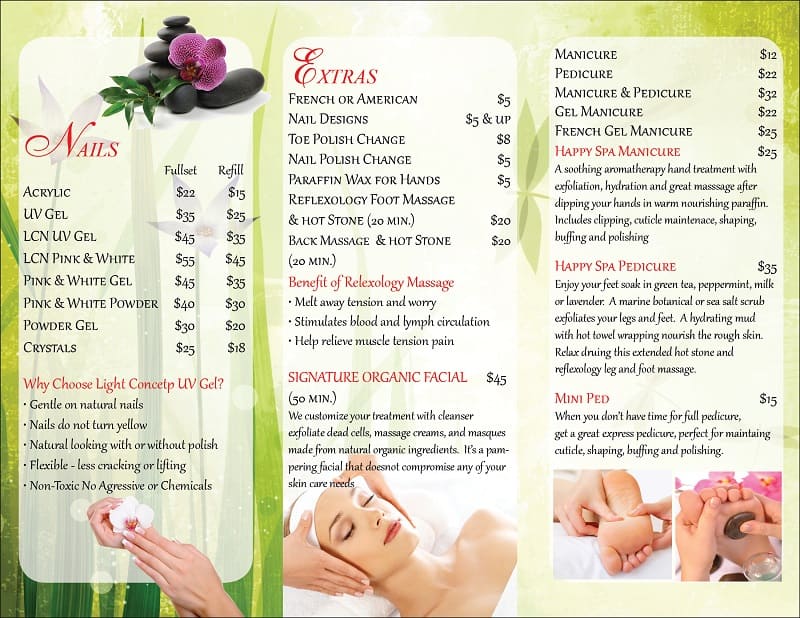 Tờ rơi dịch vụ nail và chăm sóc cơ thể thể hiện chi tiết bảng giá