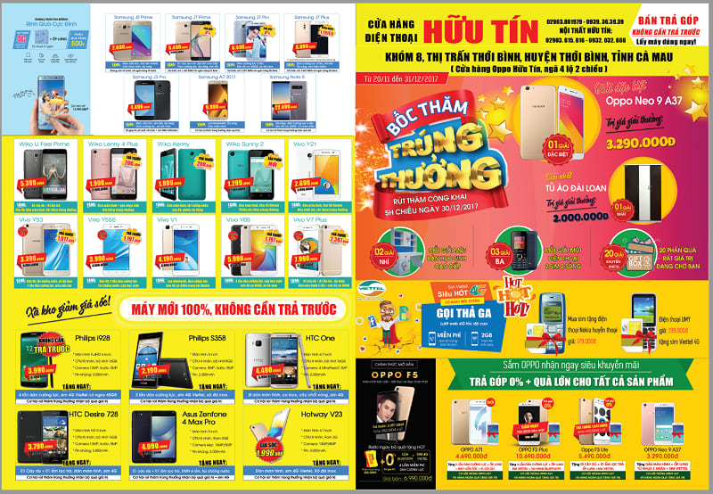 Tờ rơi cửa hàng quảng cáo điện thoại kết hợp chương trình tặng quà bốc thăm trúng thưởng