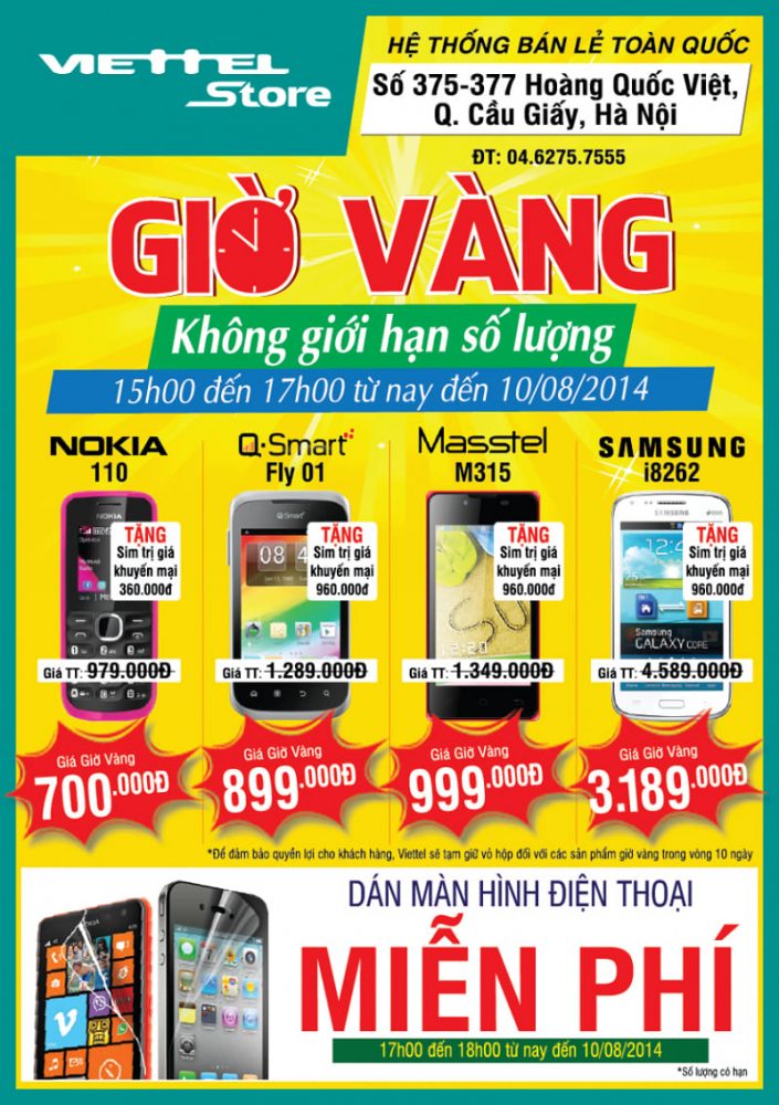 Tờ rơi quảng cáo điện thoại giảm giá giờ vàng, miễn phí dán màn hình của viettel Store