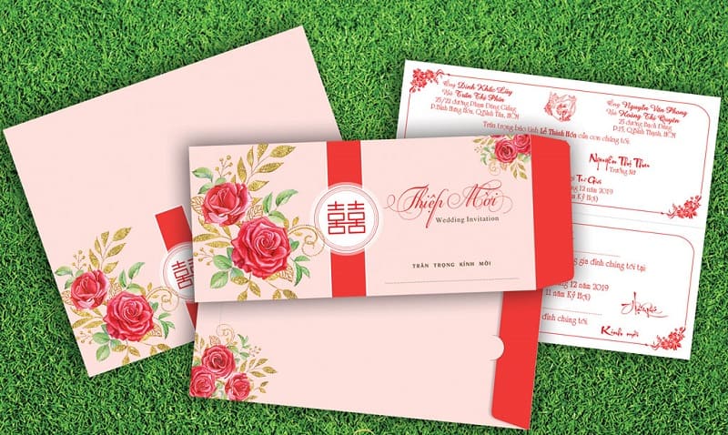 Thiết kế mẫu phong bì cưới hình chữ nhật phối màu hồng và đỏ đơn giản