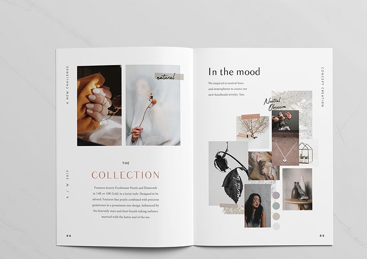 Mẫu catalogue trang sức sáng tạo, màu sắc thanh lịch, hình ảnh nổi bật, nội dung ngắn gọn, rõ ràng.